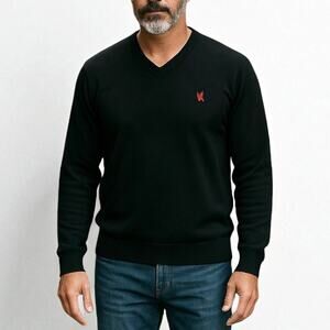 Express V-Neck Sweater Black Logo Pullover Knit Cotton Size XL